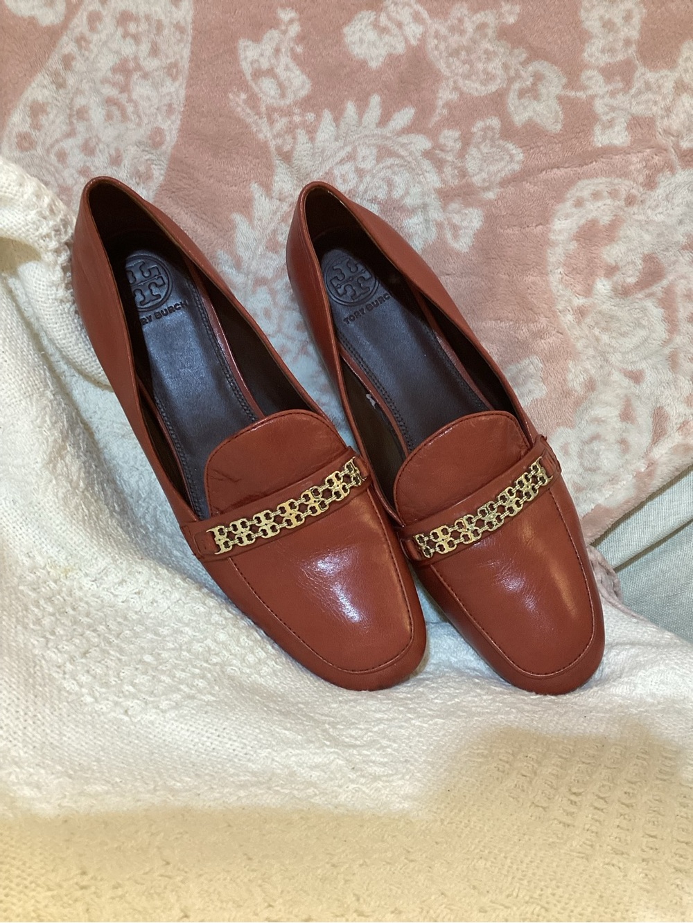 Tory Burch Rust Brown Leather Gemini Link Loafers